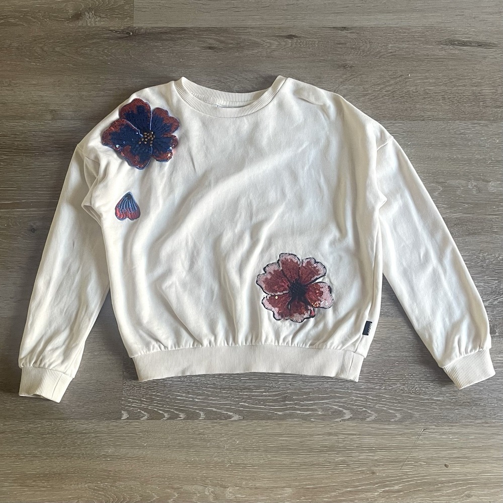 Molo Maja Floral Sequin Sweatshirt Size 122 US 7 Pearled Ivory 3-D Flowers